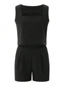 Womens 2 Piece Outfits Linen Matching Sets Sleeveless Crop Tank Tops And High Waist Lounge Shorts With Pockets - 黑色 - 查看 5