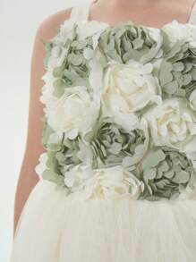 Young Girl 3D Flower Bow Knot Tiered Tulle Maxi Flower Girl Dress