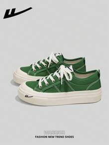 WARRIOR Women's 1 Pair Lace-Up Thick Sole Canvas Shoes, Low-Top Casual Shoes For Outdoor Flat Shoes, Summer Breathable Slip-On Skateboard Inspired Athletic Shoes, Fashionable & Comfortable Women's Canvas Sneakers With Thick Soles, Street Style Low-Top Sports Shoes, Lightweight Soft Bottom Women Shoes - Green - View 1