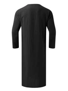 SANOPY Men's Button Solid Long Sleeve Pocket Loose Robe 100% Cotton - Robe Traditional Clothing