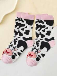 1/2 Pairs Cute Cow Pattern Mid-Calf Socks, Autumn/Winter - Multicolor - View 5