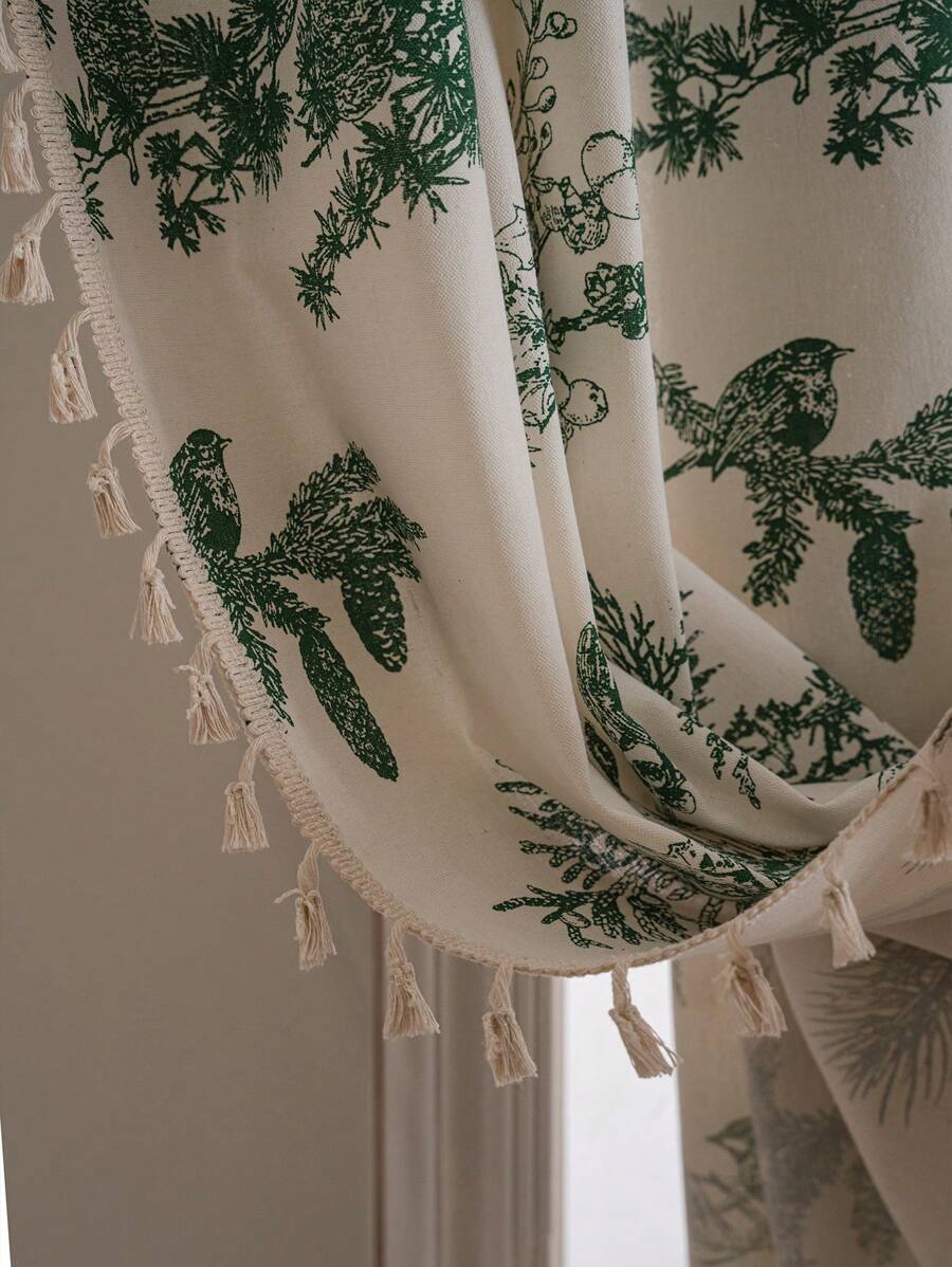 Bubaba 1 pieza Cortina opaca con estampado de urraca y árbol de pino de estilo oriental verde, cortinas decorativas minimalistas con flecos beige adecuadas para guardería, comedor, habitación de hotel, casa de vacaciones, todo el año