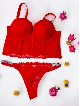 Lindo y sexy conjunto de sujetador tipo corset con tanga de encaje, copa B, Love Secret brillante
