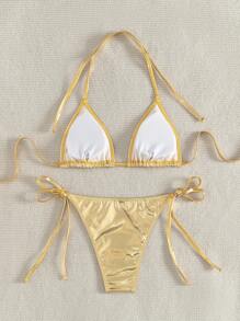 El nuevo traje de baño bikini triangular sexy y a la moda para mujeres con cordones es un conjunto de dos piezas escotado, colgante y atractivo de color negro ideal para la playa. Es un bikini brillante y sexy, perfecto para la playa, el océano y fiestas. Es el traje de baño talla grande llamativo en .