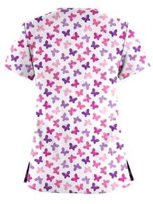 Nurses Top For Women Butterfly Printing Scrub Uniform Blouse Nurse V-Neck T-Shirt Doctor Working Nursing Accessories Scrub Uniforms Tops - Multicolor - View 2