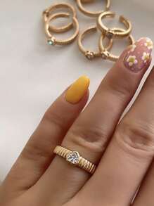 1pc Fashion Copper Alloy Dual-Tone Zirconia Stone Inlaid Ring, Suitable For Daily Wear, Party And Holiday Gift For Friends - Gold - View 9