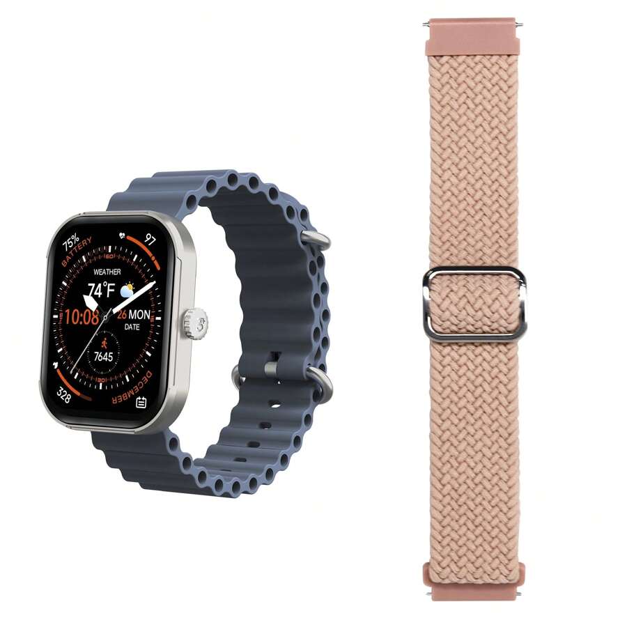 MEGA Smartwatch With 2.01" AMOLED Screen/Answer & Make Calls/Sleep Monitoring/Heart Rate/100+ Workout Modes/ Quick Reply/  And Android/Extra Nylon Band In Blue - Pink - View 1