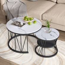 Couchtisch-Set mit 2 Stück, 70 x 45 cm, 45 x 40 cm, runder Tisch, seitlich am Sofa eingelassener runder Couchtisch, Weihnachts-Wohnzimmertisch, MDF-Tischplatte und Metallbeinrahmen - Schwarz - Übersicht 4