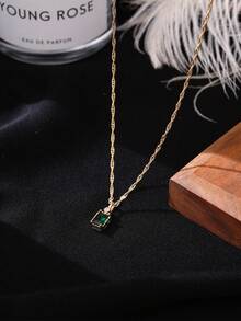 1 pieza Collar con colgante de cadena de onda de agua con circonita cúbica verde de moda - Amarillo Oro - Ver 1