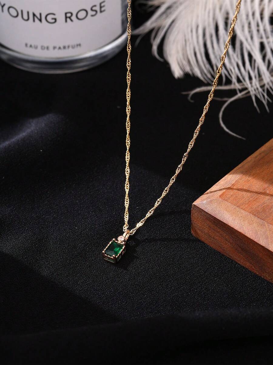 1 pieza Collar con colgante de cadena de onda de agua con circonita cúbica verde de moda - Amarillo Oro - Ver 1