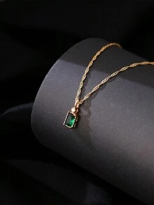 1 pieza Collar con colgante de cadena de onda de agua con circonita cúbica verde de moda - Amarillo Oro - Ver 2