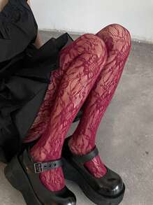 1 pièce Collants résille floral sans couture bordeaux, collants transparents à motif ajouré, style doux et hot pour filles