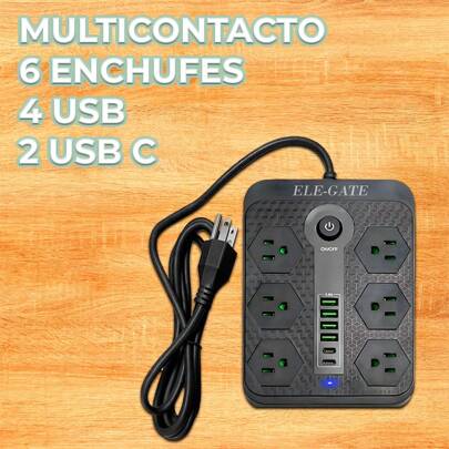 Multicontacto de Alimentación Universal – 6 Clavijas, 4 Puertos USB y 2 Puertos Tipo C para Carga Rápida y Segura