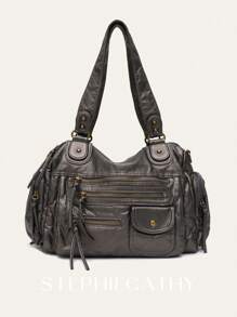 STEPHIECATHY Solid Color Soft Washed PU Vegan Leather Zipper Closure Multiple Pockets Double Short Straps Adjustable Long Belt Shoulder Cross Body Bag For Women Unisex Retro Casual Practical Functional College Daily Travel Outings - 銀色 - 查看 2