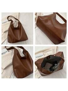 Women Hobo Bag Simple PU Leather Solid Shoulder Bag 2024 Fashion Large Capacity Tote Handbag Zipper Closure Slouchy Underarm Bag Women Designer Leather Shoulder Bag Large Capacity Ladies Handbag Hobo Tote - Black - View 6