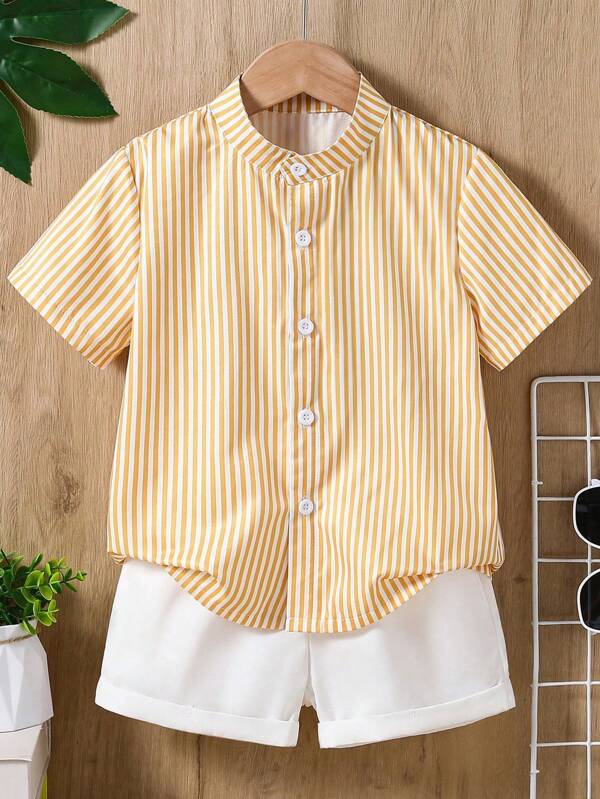 Tween Boy Front Button Short Sleeve Striped Minimalist Top & Short Set