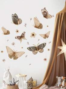 1 件 PVC 材料，水墨画风格蝴蝶与花卉背景墙装饰，彩色蝴蝶创意英文励志墙贴，多元素日月蝴蝶花朵装饰墙贴，适用于客厅、卧室、自粘式、女孩/男孩房间装饰、儿童房、托儿所贴纸 - 彩色 - 查看 6