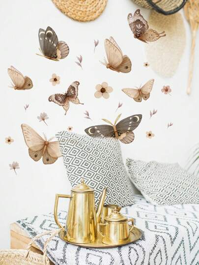 1 件 PVC 材料，水墨画风格蝴蝶与花卉背景墙装饰，彩色蝴蝶创意英文励志墙贴，多元素日月蝴蝶花朵装饰墙贴，适用于客厅、卧室、自粘式、女孩/男孩房间装饰、儿童房、托儿所贴纸