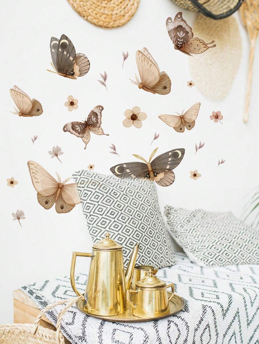 1 件 PVC 材料，水墨画风格蝴蝶与花卉背景墙装饰，彩色蝴蝶创意英文励志墙贴，多元素日月蝴蝶花朵装饰墙贴，适用于客厅、卧室、自粘式、女孩/男孩房间装饰、儿童房、托儿所贴纸 - 彩色 - 查看 1