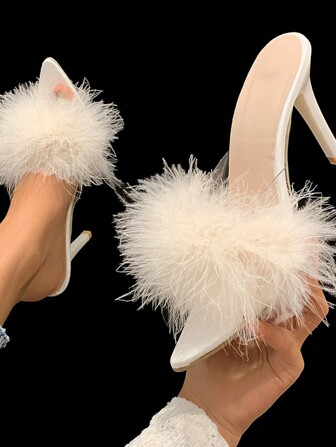 Fall/Winter Women's Fluffy Feather High Heels, Fashion Solid Color Pointed Toe Slip On Stiletto Heels, Versatile Ladies Sandals,Sexy,Mule,Party