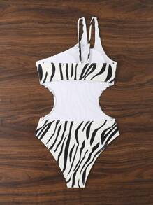 时尚条纹印花镂空露背吊带连体泳衣夏季 - 黑色 - 查看 5