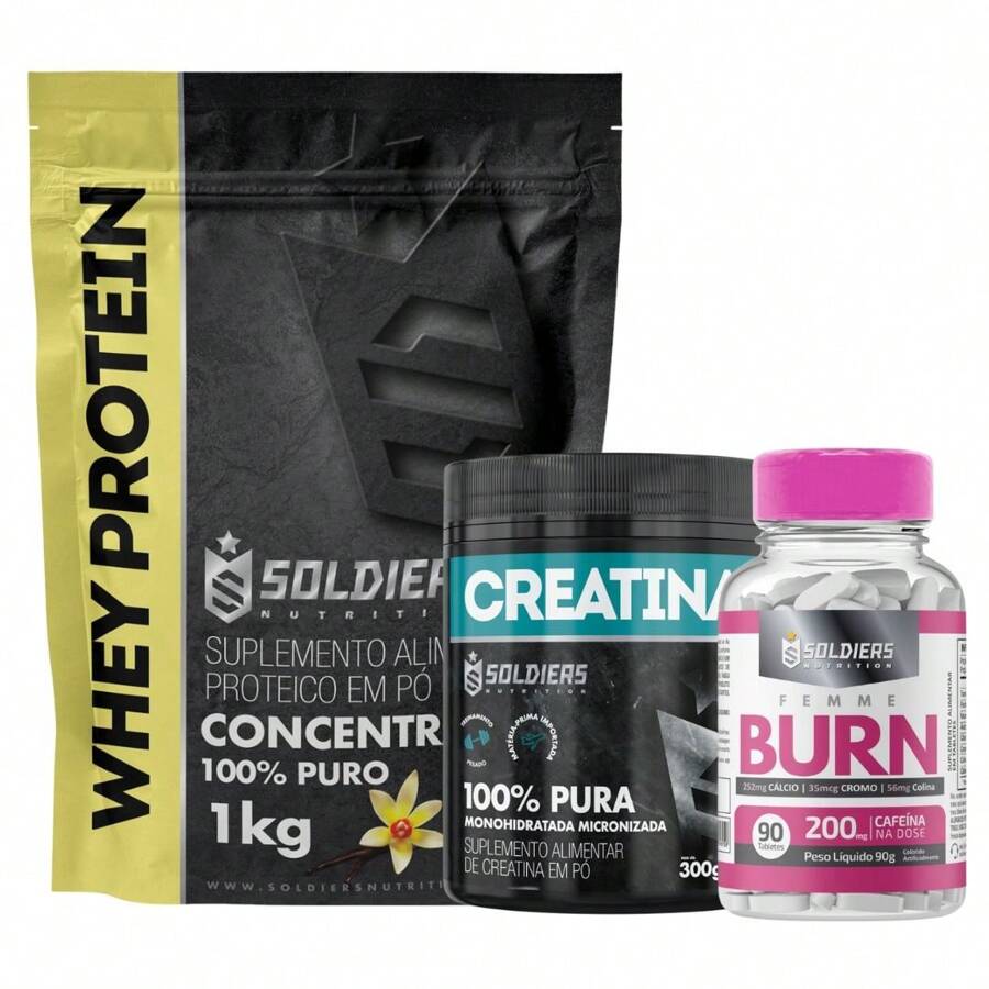 SOLDIERS NUTRITION Kit: Whey Protein Concentrate 1kg + Creatine Monohydrate 300g Jar - 100% Pure + Thermogenic Femme Burn 90g - Soldiers Nut - 香草 - 查看 1