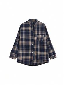 Brushed Plaid Shirt New Stylish Loose Slimming Retro Mid-Length Top Long Sleeve Jacket