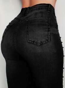 Women's Artificial Pearl Inlaid Tight Jeans With Fringed Edges And Slim Fit, High Elasticity And High Waist Tight Jeans - 黑色 - 查看 4
