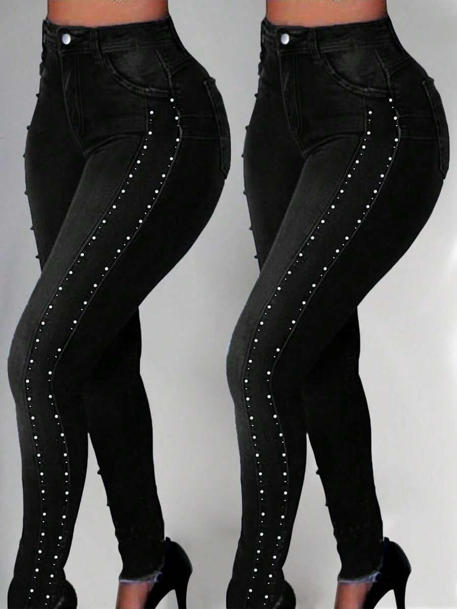 Women's Artificial Pearl Inlaid Tight Jeans With Fringed Edges And Slim Fit, High Elasticity And High Waist Tight Jeans - 黑色 - 查看 1