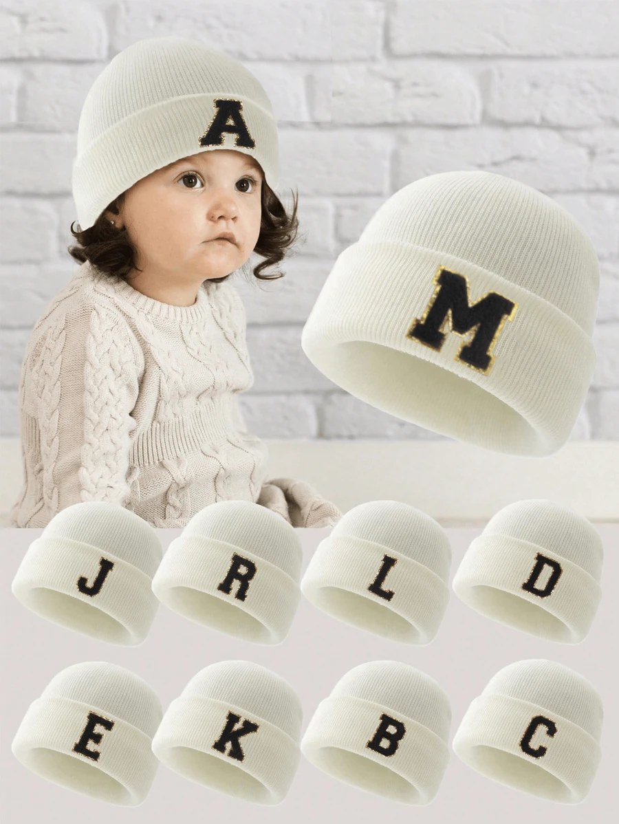 1pc Kids 26 Alphabet Knitted Beanie Hat, Fashionable Brimless Cap For Boys And Girls Winter Warmth Styling
