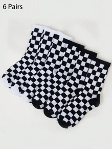 2/4/5/6 Pairs Of Women's Black & White Checkerboard Patterned Crew Socks, Personalized Casual Socks, Versatile For All Season, Suitable For Outdoor, Party, Gift, Y2k, Goth, School, Soft, Breathable