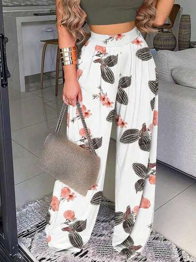 Pantalones De Cintura Alta Y Pierna Ancha Con Estampado De Plantas