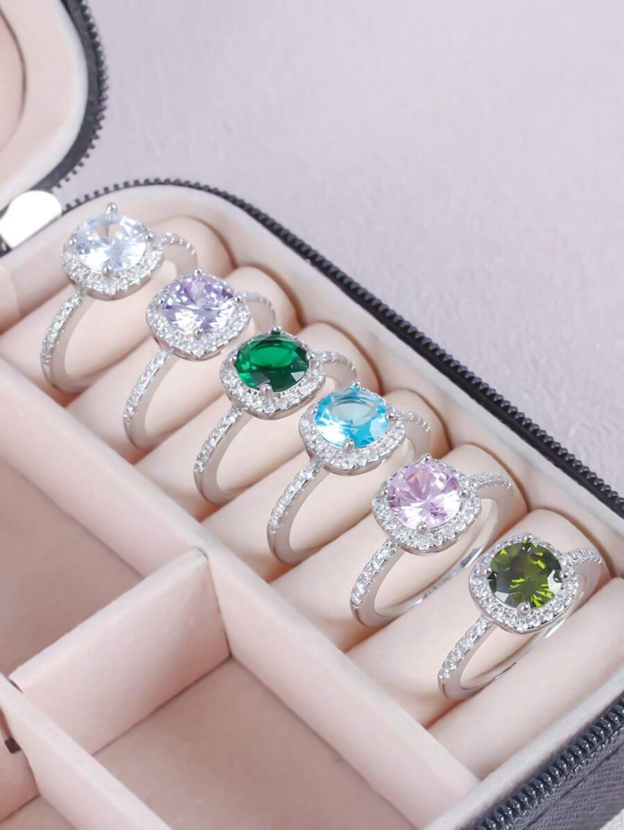 1pc Elegant Multi-Color Square Band Design Round CZ Stone Ring, Versatile Men Women Engagement Wedding Ring, Valentine's Day Gift,Mom,Mother,Mother's Day,Gift