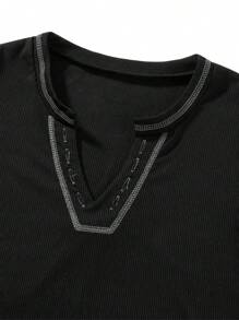 Women Short Top Shirt, Long Sleeve Patchwork Ribbed Front Button V-Neck Cropped Tops, Slim Navel Shirt - Black - View 5