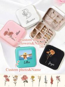 Caixa de joias personalizada com nome e flores para aniversário (1 unidade), caixa de joias personalizada para madrinhas, caixa de joias portátil personalizada, presente perfeito para as festas de fim de ano, porta-brincos, colares, pulseiras e anéis, presente requintado, economiza espaço, multifuncional, reutilizável e elegante. - Multicolorido - Ver 2
