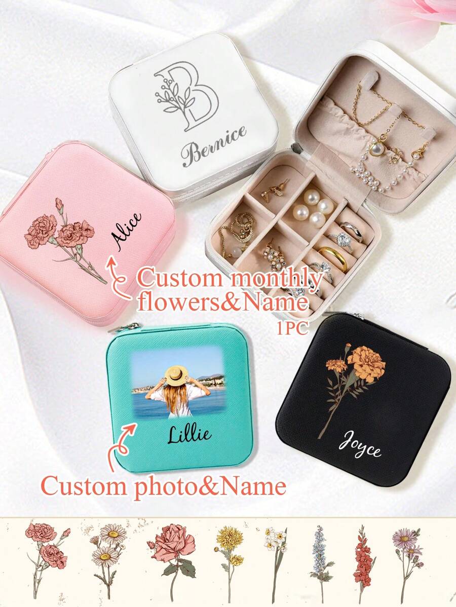 Caixa de joias personalizada com nome e flores para aniversário (1 unidade), caixa de joias personalizada para madrinhas, caixa de joias portátil personalizada, presente perfeito para as festas de fim de ano, porta-brincos, colares, pulseiras e anéis, presente requintado, economiza espaço, multifuncional, reutilizável e elegante.