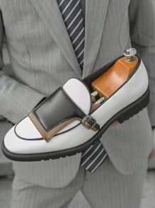 Zapatos de vestir de punta fina para hombres, zapatos formales de moda con diseño de bloques de color - Blanco - Ver 6