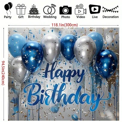闪亮的蓝银色背景布，适用于生日快乐多功能派对装饰，主要用于房间装饰、派对装饰、生日主题横幅背景布、花园装饰，适用于女士和男士生日，采用涤纶材质，有多种尺寸可供选择。