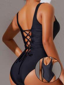 New One-Piece Swimsuit, Sexy Criss-Cross Back Design, One Piece Swimsuit Style Bikini, Slim Fit Swimwear For Beach Resort, Spring Tummy Cover, Nylon Material