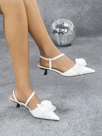女士尖头 3D 花卉白色高跟鞋，性感时尚优雅，适合婚礼派对