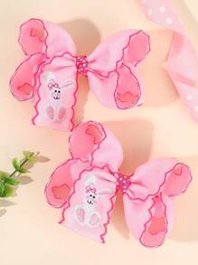 2个可爱复活节兔子发夹，粉色/白色/蓝色，刺绣兔子装饰，缎面荷叶边发夹，鳄鱼夹，节日春季发饰，适合复活节彩蛋寻宝、教堂活动和篮子填充物 - 彩色 - 查看 2