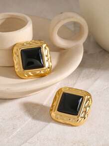 Uworld 1 Pair Of Women's Black Ggold Series Stainless Steel Earrings French Elegant Women's Jewelry Black Onyx Inlaid 18K Gold-Plated Stainless Steel Jewelry Suitable For Daily Wear Party Vacation Etc - Black Gold - View 8