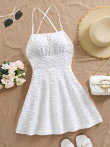 浪漫 V 领露背镂空纹理提花吊带裙，适合约会、度假、淑女风格 - 白色 - 查看 1