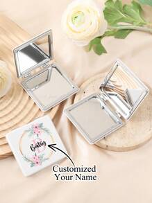 1pc Personalized Initials Name Series Compact Vanity Mirror, Customized Name Simple Design Foldable, Lightweight, Ultra-Thin, Portable, Stainless Steel & PU, Silver Nano-Plated Edging, Exquisite Details, Suitable For All Occasions & All Ages, Folding Square Pocket Mirror Exquisite, Delicate And Unique Design, Durable And Reliable Folding Structure, Drop-Resistant And Convenient To Carry, Hand-Held Makeup Mirror