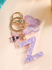 1pc Creative Alphabet Keychain With 26 English Letters & Bee, Kids Backpack Accessories, Gift For Girls - Purple - View 9