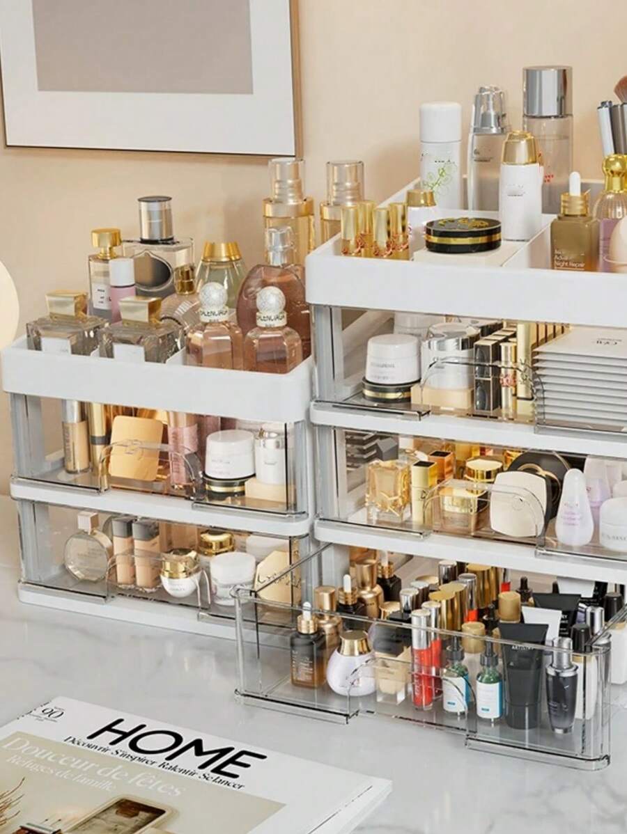 1 szt. Z szufladą Podwójna potrójna duża, średnia i mała wielkość przenośne pudełko do przechowywania kosmetyków z podziałem na szminkę, krem pod oczy, krem do rąk, puder, cień do powiek, lakier do paznokci, przestrzeń organizacyjna, półka do przechowywania, pudełko do przechowywania kosmetyków, półka do przechowywania