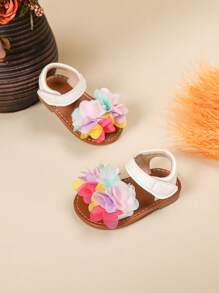 Infant Cute White Sandals With Floral Hook And Loop Ankle Strap Decoration