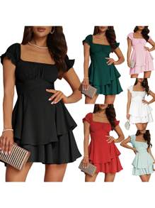 Women's Mini A-Line Dress Solid Color Ruffled Sleeves Square Neck Layered Hem Dress - màu đen - Xem 3