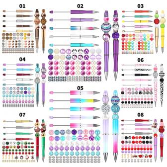 5Pcs Beadable Pens With 48pcs Multicolor Beads Bubblegum Beads And 45pcs Crystal Spacer Beads Black Ink Ballpoint DIY Bead Pen Set For Students Party Gifts