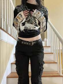Women Y2k Fairy Grunge T Shirts Tops Goth Graphic Long Sleeve Crewneck Fake Two-Piece Loose Fit T-Shirt Spring Fall Vintage Aesthetic Oversized Baggy Tees Tops Punk Gothic Clothes - Brown - View 2